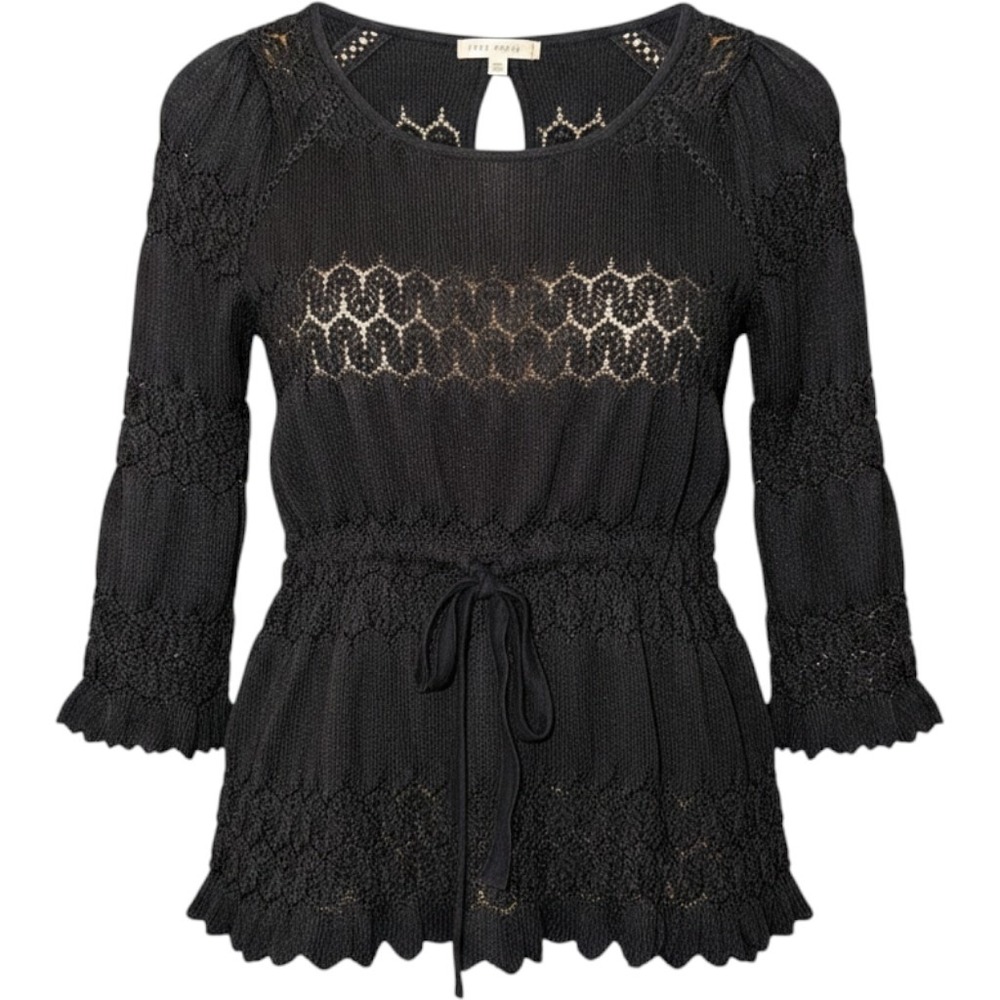 Free People Black Pointelle Knit Peplum Top XS Tie Waist Boho Cottagcore Fairy